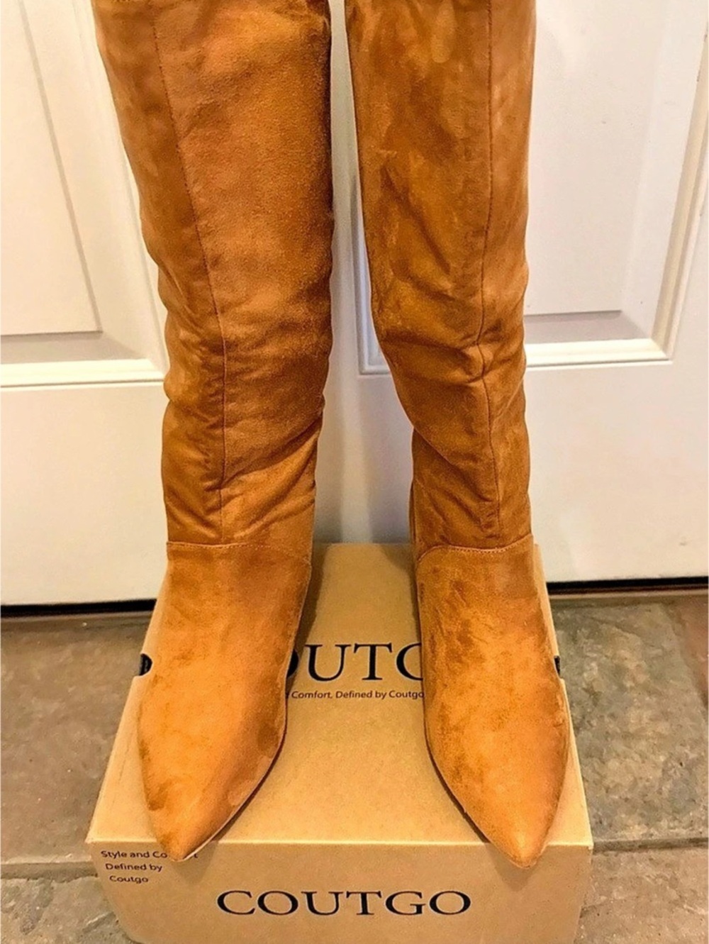 COUTGO Womens Kitten Heel Knee High Boots Pointed Toe Tall Boots Pointed Toe